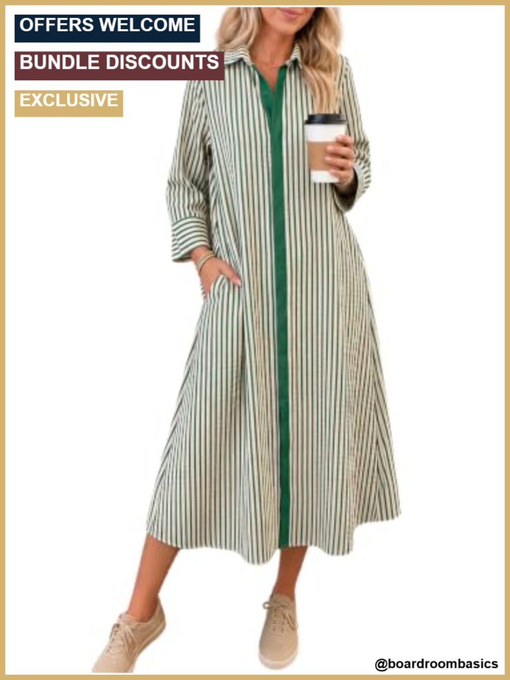 Striped Shirt Dress 3/4 Sleeve Button Down Maxi Casual Summer